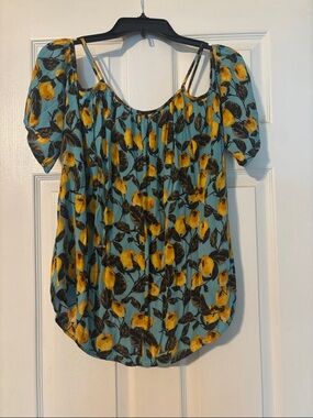 Yellow Floral Cold-Shoulder Blouse on Teal